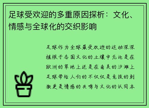 足球受欢迎的多重原因探析：文化、情感与全球化的交织影响
